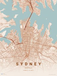 Sydney city map poster in Terracotta