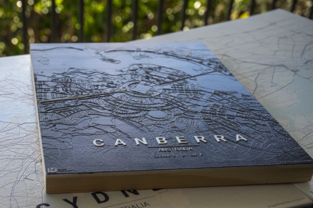 Raised texture on a Canberra wood-board map