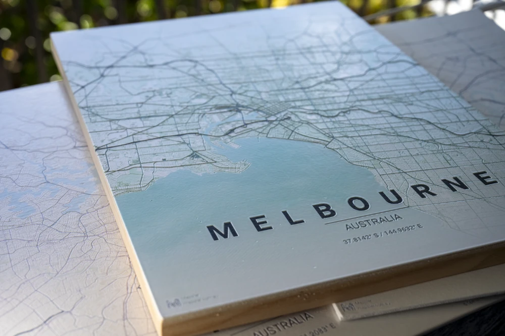 Melbourne wood-board map showing the wood edge