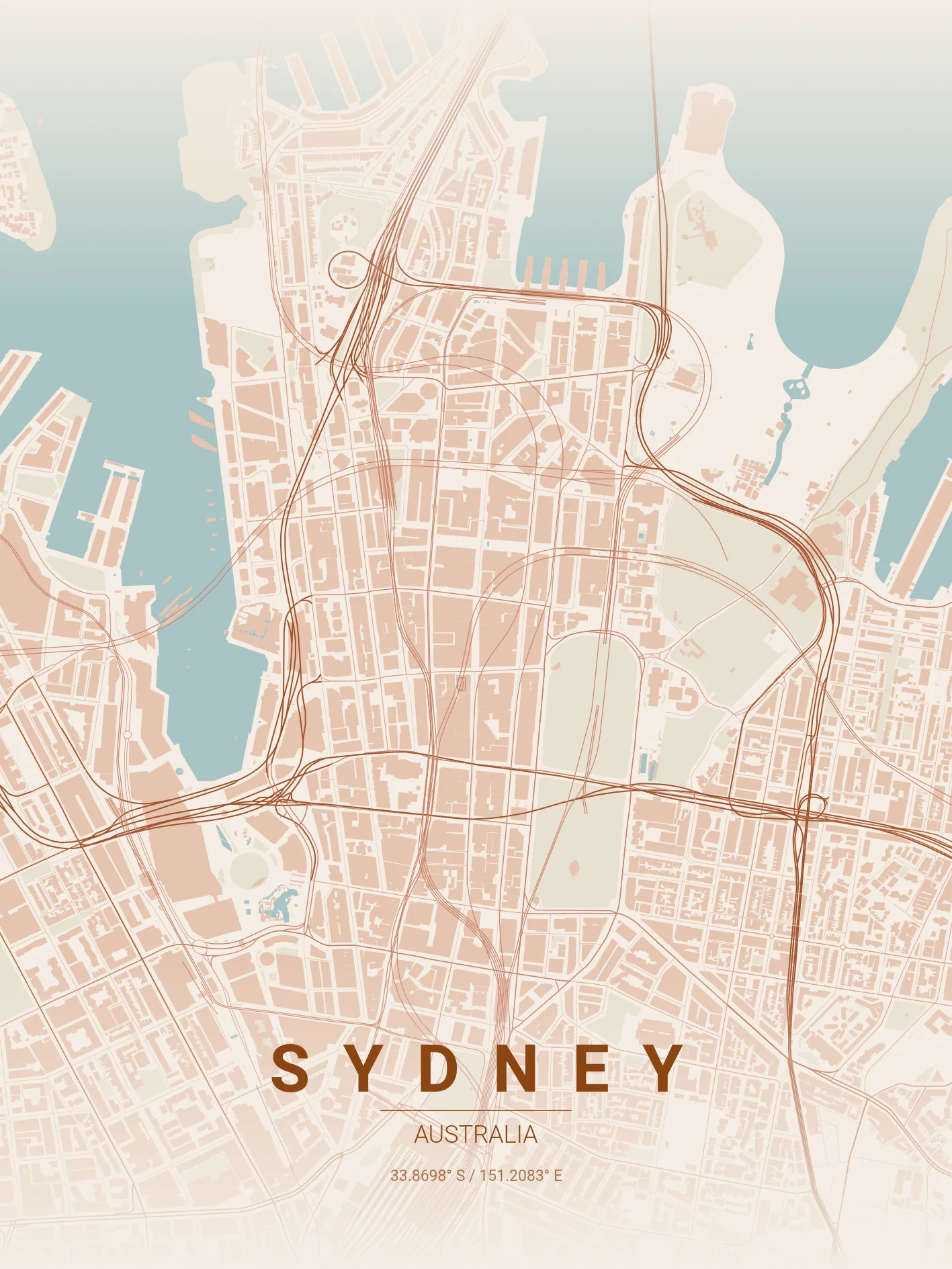 Sydney map in terracotta theme